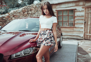 women, portrait, gray eyes, car, depth of field, skirt, tanned, women outdoors