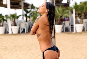 women, tanned, shower, bikini, ass, wet hair, wet body, tattoo, topless, wa ...