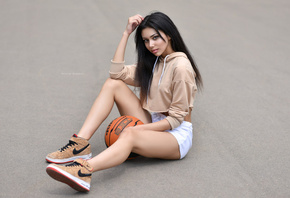 women, maksim romanov, nike, sitting, sneakers, ball, shorts, portrait, women outdoors, brunette