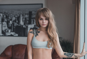 Anastasia Scheglova, blonde, tattoo, portrait, brunette, bra, women, model