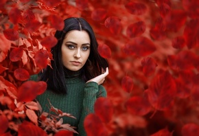 women, portrait, face, women outdoors, depth of field, leaves