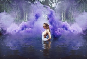 rain, pond, smoke, purple, girl