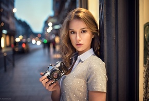 women, face, portrait, depth of field, blonde, camera