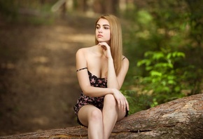 women, blonde, sitting, dress, depth of field, women outdoors, looking away