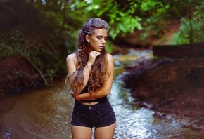 women, portrait, brunette, women outdoors, river, jean shorts, depth of field