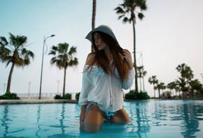 women, bikini, swimming pool, hat, brunette, women outdoors, palm trees, see-through clothing