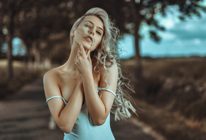 women, portrait, blonde, depth of field, road, trees, Emilie Michaelsen