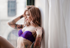 women, bra, tattoo, portrait, looking away, nose rings, painted nails, red lipstick, smiling