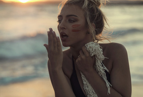 Lea Benattia, women, David Ben Haim, portrait, blonde, sea, looking away, depth of field, women outdoors, bikini top, open mouth, sunset, tanned