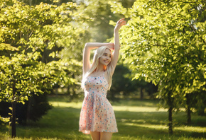 women, blonde, armpits, trees, women outdoors, dress, smiling, portrait, de ...