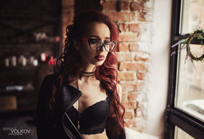 women, Sergey Volkov, portrait, black bras, women with glasses, redhead, tanned, closed eyes, depth of field