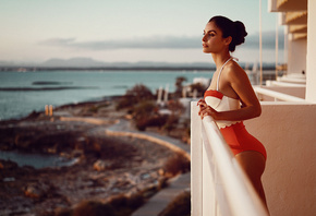 women, sea, balcony, ass, tanned, one-piece swimsuit, looking away, depth of field