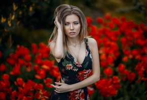 women, blonde, portrait, face, flowers