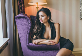 women, Ekaterina Zueva, tanned, black dress, boobs, lamp, looking away