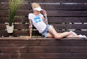 women, blonde, nose rings, tanned, T-shirt, tattoo, jean shorts, socks, por ...