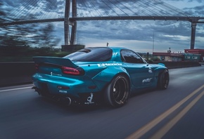 Mazda, RX-7, blue, cars, bridge, Rocket Bunny