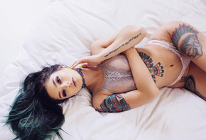 women, Taylor White, tanned, lingerie, in bed, tattoo, belly, choker, piercing
