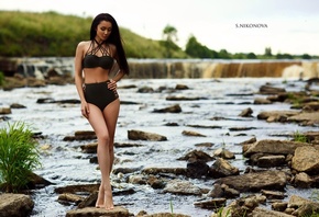 women, tanned, swimwear, river, waterfall, depth of field, Svetlana Nikonov ...