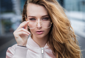 women, blonde, face, depth of field, women with glasses, sweater