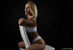 women, chair, blonde, underwear, tattoo, tanned, black background, sitting, Calvin Klein