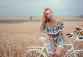 women, blonde, depth of field, bicycle, dress, portrait, women outdoors