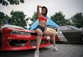 women, tanned, jean shorts, red tops, tattoo, car, women outdoors, sneakers ...