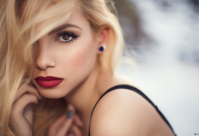 women, blonde, face, portrait, depth of field, red lipstick, pierced nose