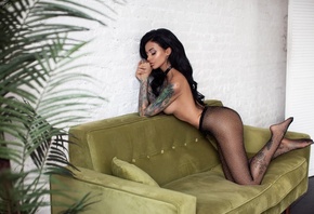 women, tanned, ass, nude, tattoo, couch, boobs, fishnet lingerie, fishnet s ...