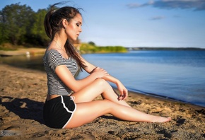 women, tanned, sitting, shorts, short shorts, sand, sea, women outdoors