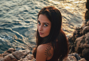 women, face, tattoo, portrait, sea, looking at viewer, blue eyes, depth of  ...