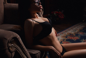 Inna Nechiporenko, women, Igor Sheller, belly, black lingerie, pierced nave ...