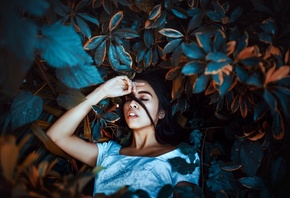 women, portrait, closed eyes, leaves