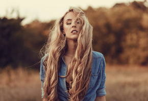 women, blonde, long hair, depth of field, women outdoors, shirt, denim shirt, closed eyes