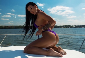 women, tanned, bikini, Alex Bazilev, yachts, tattoo, kneeling, long hair, w ...