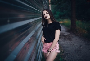 women, T-shirt, trees, necklace, women outdoors, portrait, jean shorts, dep ...