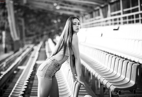 women, portrait, monochrome, jean shorts, long hair, depth of field