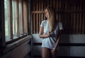 women, blonde, window, T-shirt, tanned, panties, painted nails, looking away