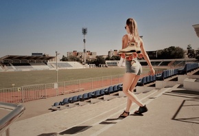 women, blonde, rollerskates, jean shorts, T-shirt, women outdoors, sneakers, stadium, sunglasses