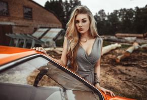 women, blonde, tattoo, depth of field, car, portrait, women outdoors, dress