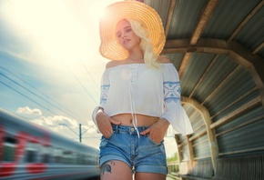 women, blonde, hat, portrait, train, jean shorts, rear view, tattoo