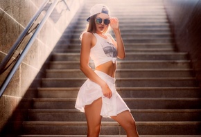 women, skirt, blonde, tanned, stairs, sunglasses, T-shirt, baseball caps, belly