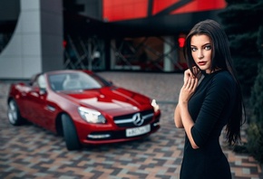 women, portrait, car, black dress, women outdoors, Mercedes-Benz, depth of field