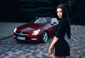 women, portrait, car, black dress, women outdoors, Mercedes-Benz, depth of field