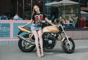 women, Anton Harisov, Fotoshi Toshi, motorcycle, skirt, T-shirt, high heels ...