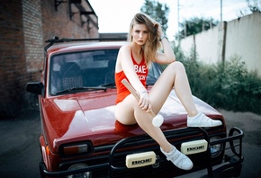 women, blonde, sitting, sneakers, carone-piece swimsuit, women outdoors, po ...