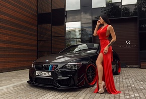 women, tanned, red dress, car, women outdoors, Alex Bazilev, tattoo, high heels