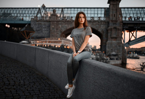 women, portrait, sitting, sneakers, T-shirt, jeans, looking away, red nails ...