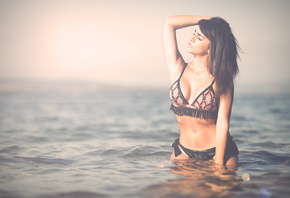 women, tanned, sea, belly, pierced navel, bikini, closed eyes, women outdoo ...