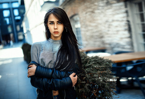 women, portrait, depth of field, women outdoors, arms crossed, leather jack ...