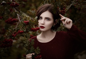 women, face, portrait, depth of field, red lipstick, black nails